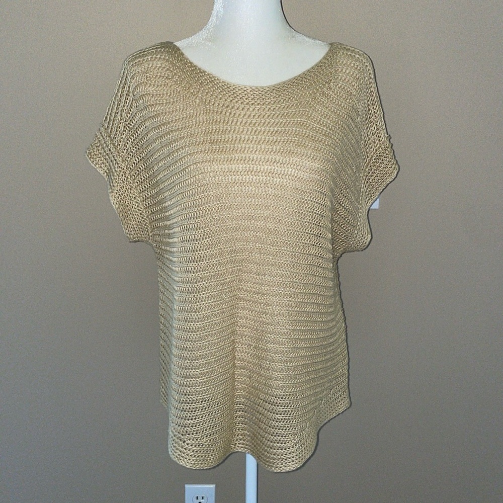 LRL open-stitch bateau-neck dolman-sleeve sweater, 100% linen, Size Large NWT